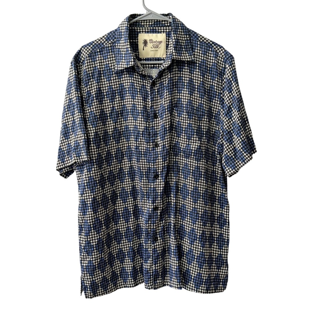 Vintage Silk Button Down Shirt Mens Large Blue Houndstooth Diamond 100% Silk